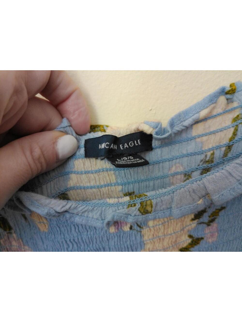 American Eagle Smocked Tank Top Womens Blue Size L Floral Peplum Cami Blouse